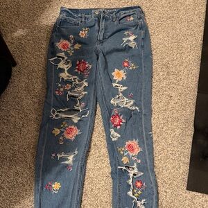 American Eagle Floral Embroidered Distressed Mom Jeans